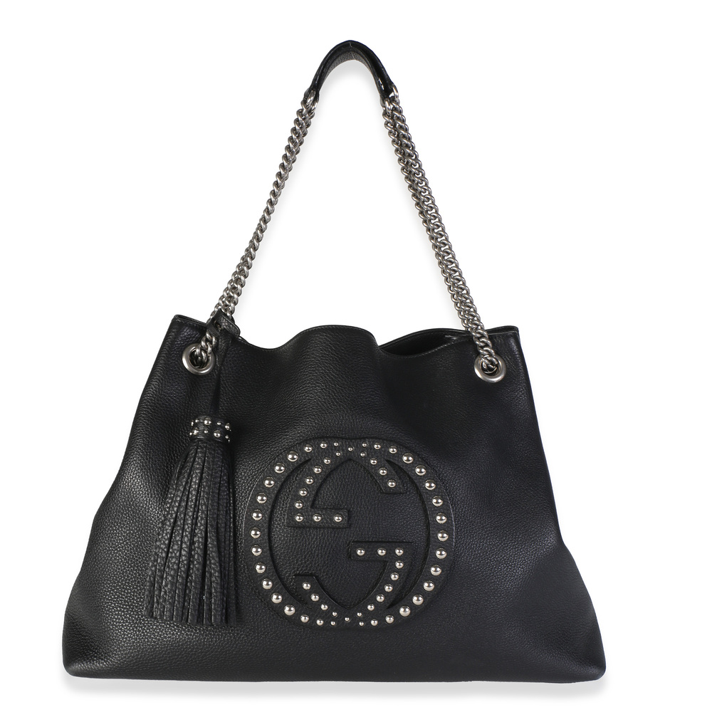Gucci Black Studded Pebbled Calfskin Large Soho Chain Tote